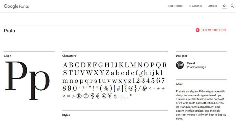 Prata - Google Fonts Prata il font scelto per i testi di questo sito