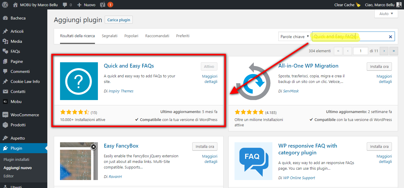 Aggiungere il plugin Quick and Easy  FAQ