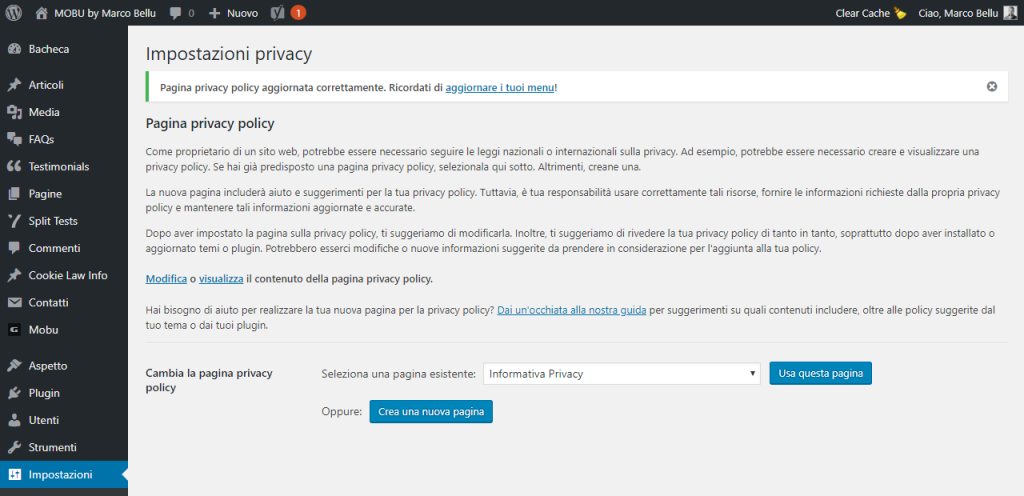 GDPR e WordPress - impostazioni privacy