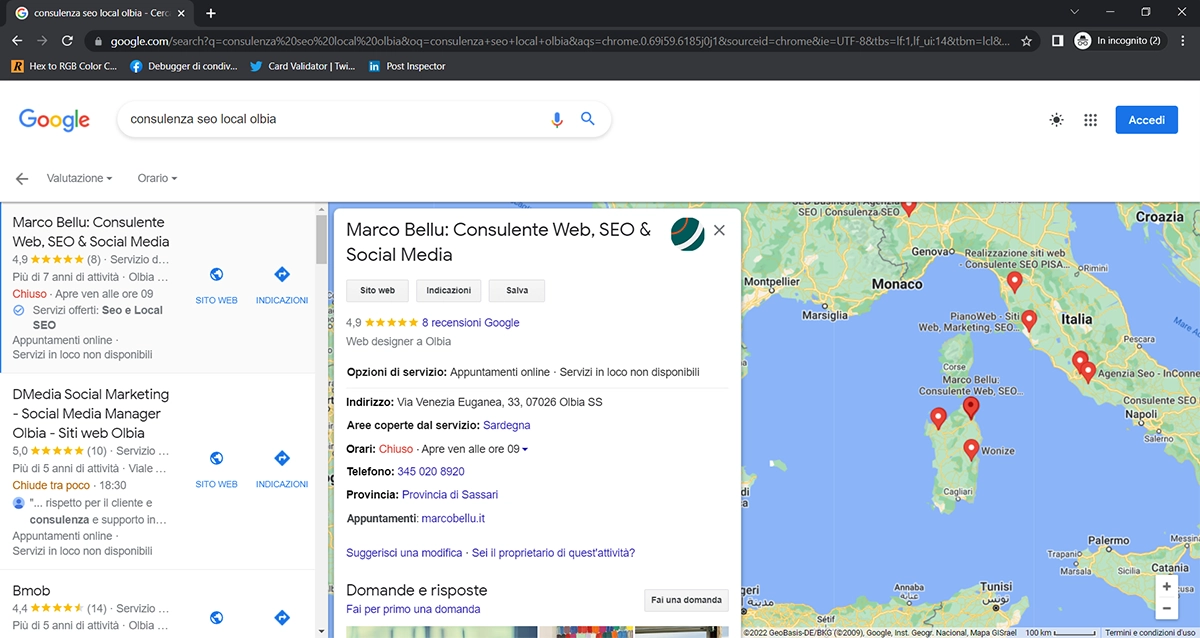 Screenshot di una ricerca locale con il local pack o snack pack di Google