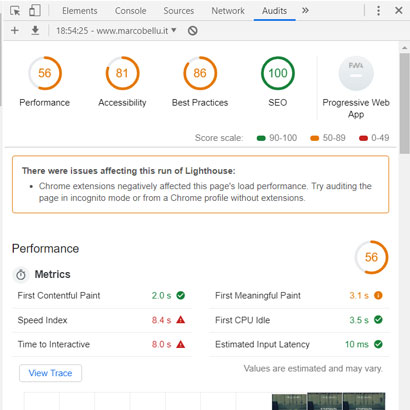 verifica se il sito è veloce con Google Lighthouse