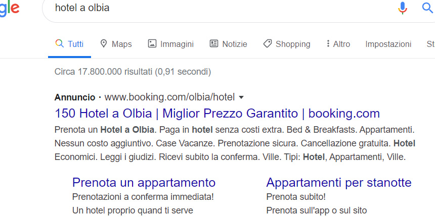 Un frammento della serp con un annuncio google ADS