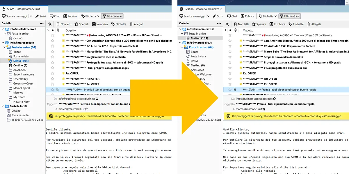 Trasferire le mail da un account all'altro con il grag & drop su Thunderbird